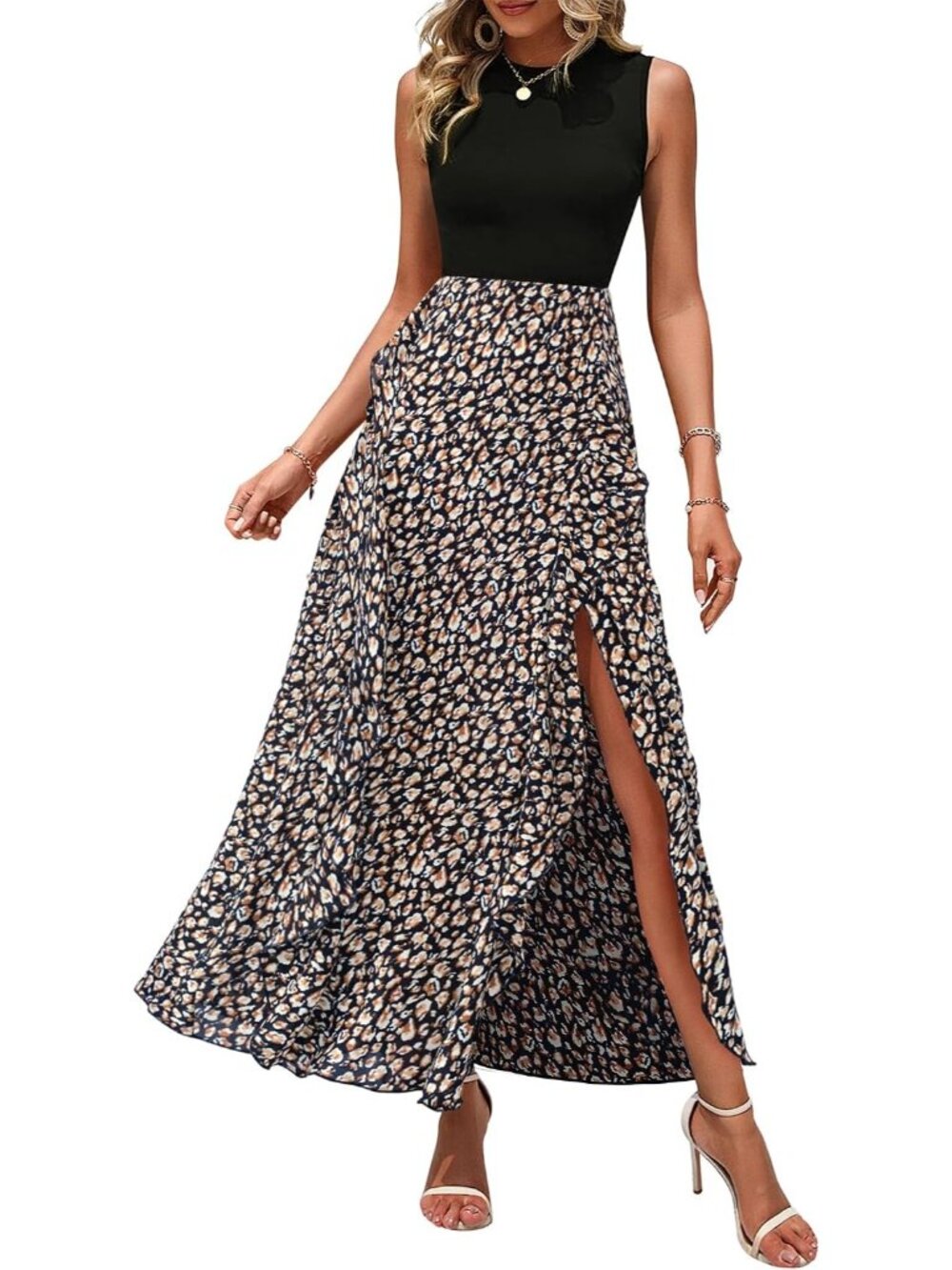 〽️Black Floral Womens Ruffle Midi Dress Sleeveless Crew Neck A Line Summer Party - Picture 1 of 2